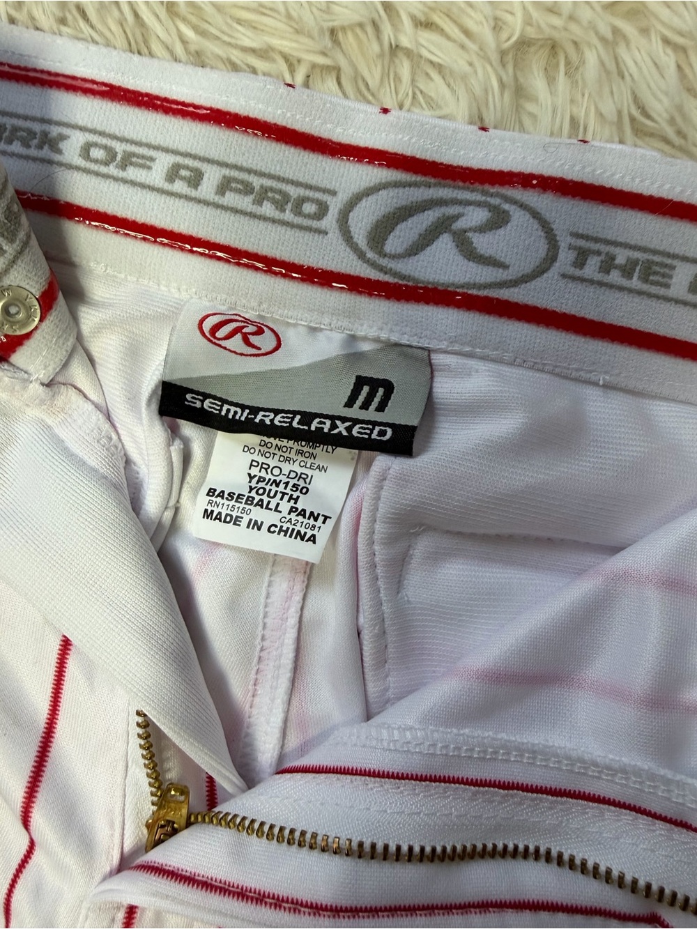 Rawlings Scarlet & White Baseball Semi-Relaxed Piped Style Pants Youth MediumNWT